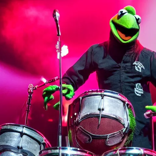 Prompt: kermit the frog playing drums in slipknot, concert photography pyrotechnics, live music photography, associated press