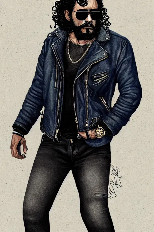 Prompt: Picture of a male biker, tough, burly, dark skin, jet black tuffe coat, aviator shades, dark blue jeans, long curly hair, unkempt beard, serious look, armfold pose!, smooth, sharp focus, highly detailed, color, digital illustration, artstation