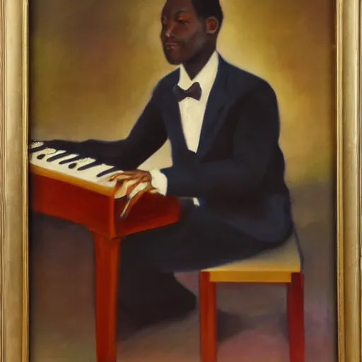 Image similar to 3 0 years old man playing piano, oil painting, front facing, medium dark skin