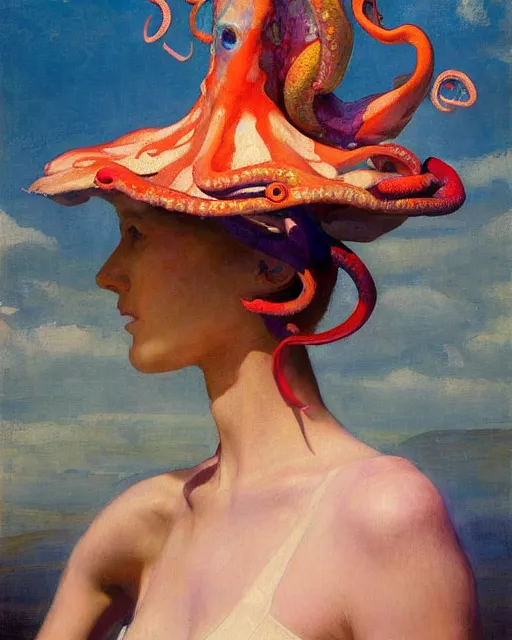 Image similar to a beautiful girl wearing a colourful octopus as a hat, painted by edgar maxence, edward hopper, wayne barlowe and james gilleard, airbrush, art by jamesjean