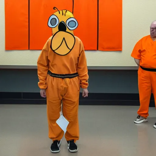 Image similar to inmate with orange suit and wearing a bee head