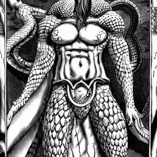 Image similar to a male naga, serpent body, kentaro miura art style