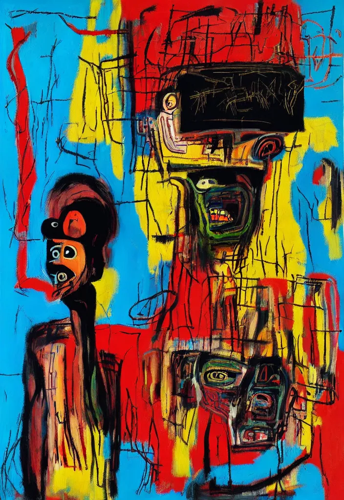 Prompt: girl wearing oculus in the style of jean michel basquiat, beksisnski, and pablo picasso