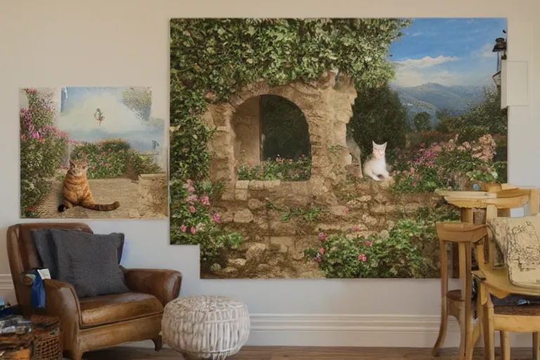 Image similar to a very very very very detailed matte painting of wide angle view on Cute Cat in Provence style Room,