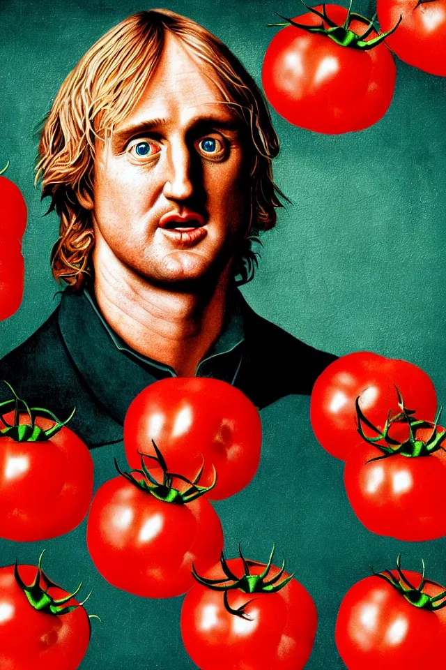 Image similar to bizarre renaissance portrait of owen wilson in a sea of thousands of highly detailed tomatos, dramatic cinematic lighting, 8 k, beautiful intricate pop - art painting