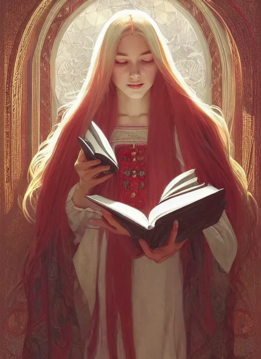 Prompt: perfectly - centered - portrait of a girl reading a book, white long hair with red motives, intricate, highly detailed, digital painting, artstation, concept art, smooth, sharp focus, illustration, unreal engine 5, 8 k, art by artgerm and greg rutkowski and alphonse mucha