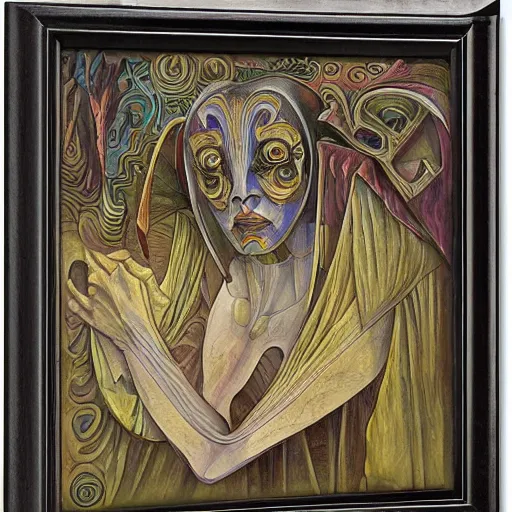 Image similar to weeping robot wearing the bone crown, by Annie Swynnerton and Diego Rivera and Evelyn De Morgan, symbolist, dramatic lighting, elaborate geometric ornament, god rays, soft cool colors,smooth, sharp focus, extremely detailed, Adolf Wölfli