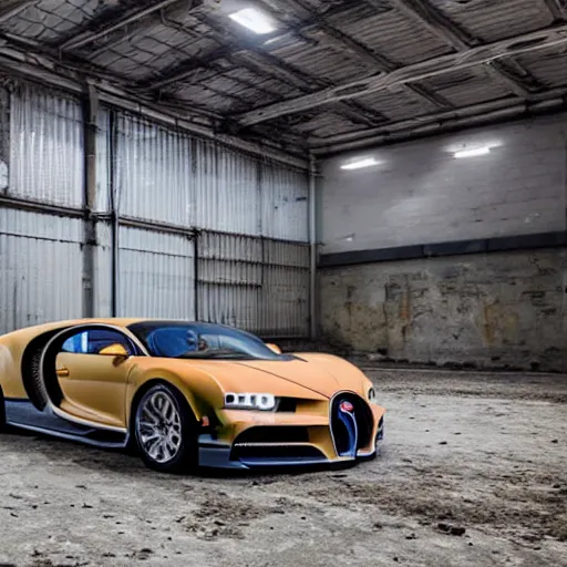 Image similar to an abandoned, derelict, rusty bugatti chiron in a dirty warehouse