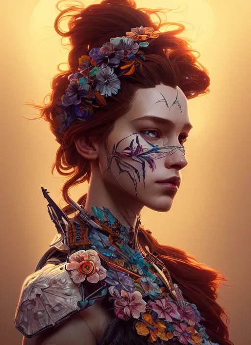 Image similar to symmetry!! portrait of floral! horizon zero dawn machine, intricate, elegant, highly detailed, digital painting, artstation, concept art, smooth, sharp focus, illustration, art by artgerm and greg rutkowski and alphonse mucha, 8 k