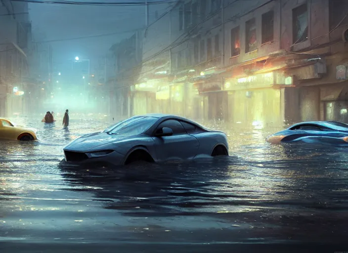 Image similar to cars driving through shallow water, flooded city, people walking through shallow water, muted colors, hyperrealistic, oil painting, intricate, cgsociety, artstation, 8 k, cinematic, soft lighting, by greg rutkowski, by wlop, by artgerm