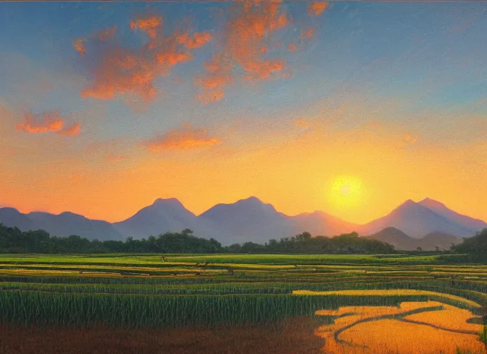 Image similar to painting of a rice paddy with two mountains in the background, a road, sun rising between the mountain