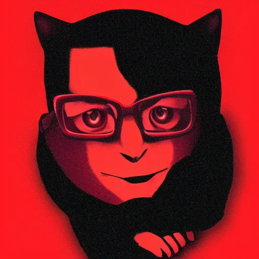 Prompt: portrait of neil cicierega holding his cat in the dark, red lighting, black background, their right eyes have lens flares