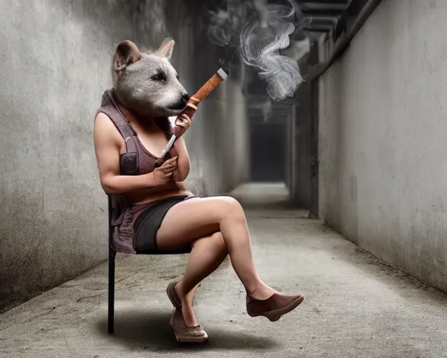 Image similar to a cute animal with a tanktop sitting on a monobloc chair and smoking a cigarette. it is hot. backalley with AC. extreme details, 8K, octance rendering, HDRI