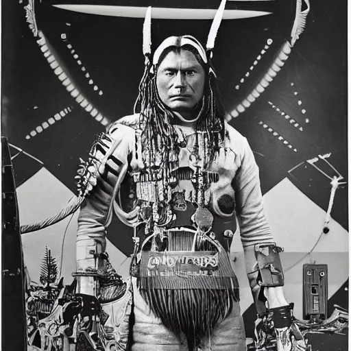 Prompt: !dream portrait of Iroquois warrior standing in front of a space ship command center, cockpit with complex machinery, space ship interrior nostromo style, dark, warrior wears pyoropus and ornaments and tribal decorations on his robes, black and white old photo, vintage