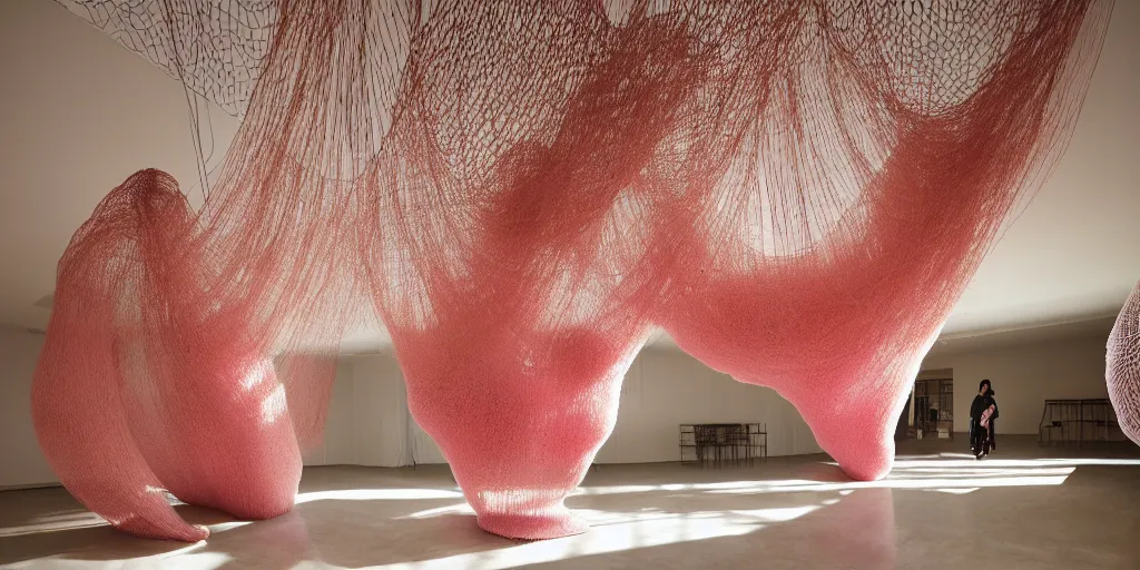 Image similar to soft biomorphic tactile structures out of stocking - like material and nets that fills with various objects like spices, sand and rocks by ernesto neto, light - mint with light - pink color