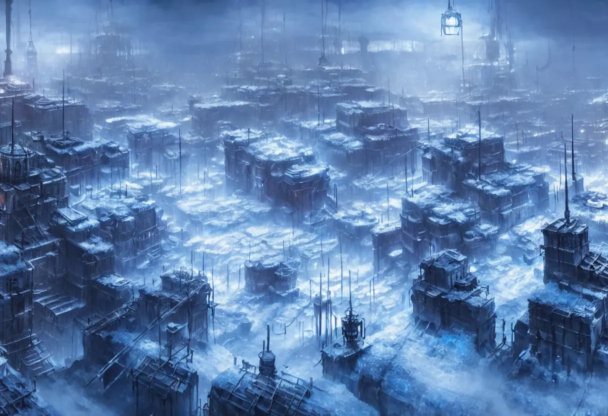 Image similar to frostpunk style concept art of frozen city with industrial machines, matte painting, beautiful render, octane render, concept art