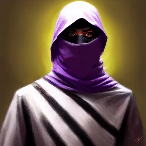 Image similar to ultra realistic illustration, man in a black hood, in a striped purple balaclava, mysterious, highly detailed, digital painting, artstation, concept art, smooth, sharp focus, illustration, art by artgerm and greg rutkowski and alphonse mucha