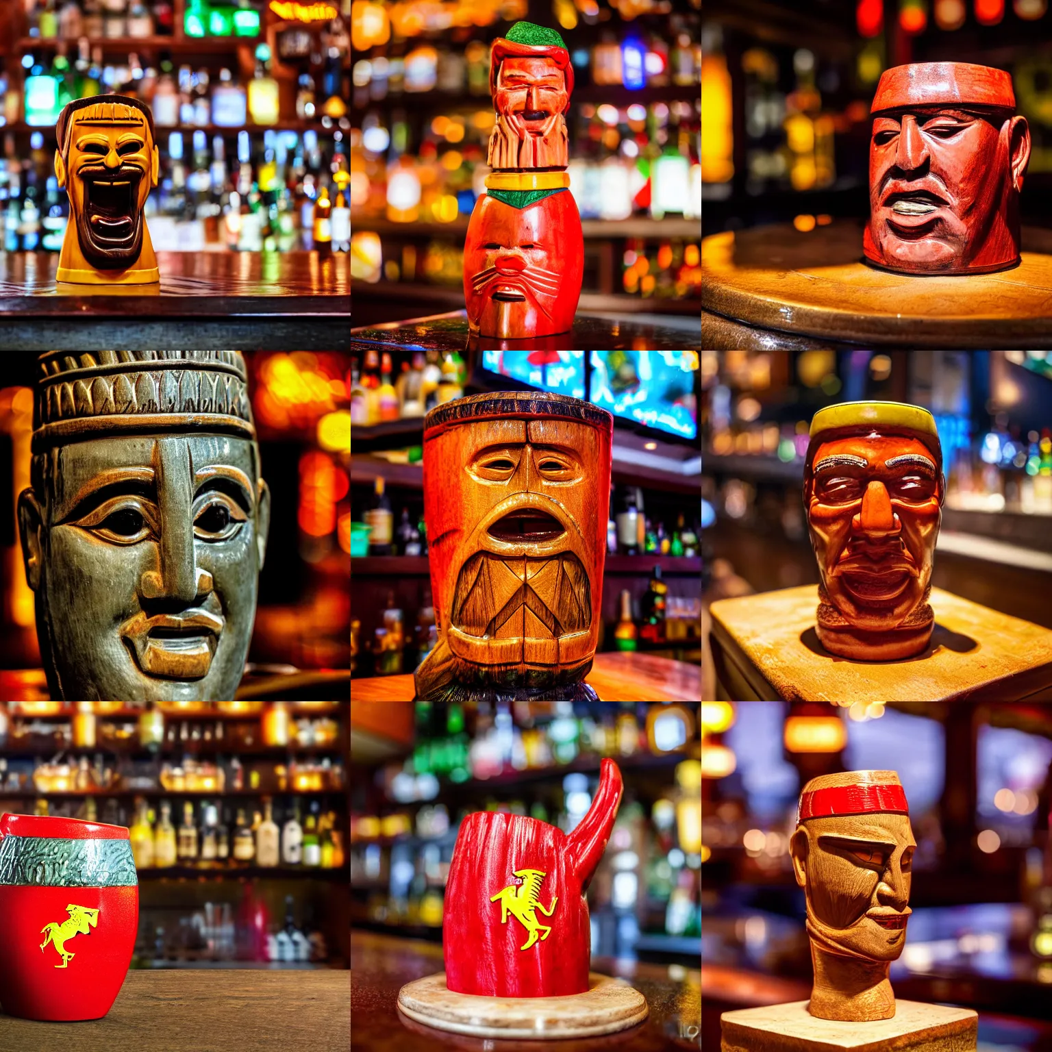 Prompt: a closeup photorealistic photograph of a ferarri shaped tiki mug sitting at a trader vic's bar featuring enzo's face. tiki theme. bright scene. fine detail. this 4 k hd image is trending on artstation, featured on behance, well - rendered, extra crisp, features intricate detail, epic composition and the style of unreal engine.