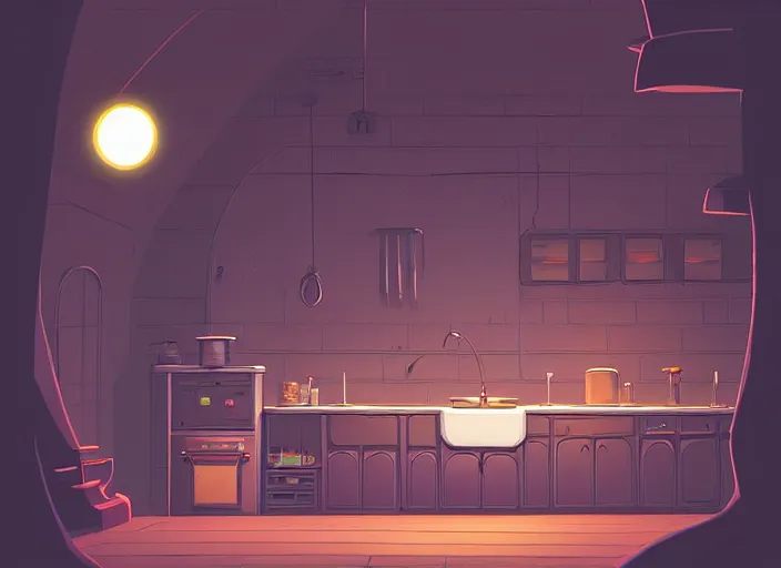 Prompt: Beautiful nostalgic digital art of a minimalistic dim lit kitchen (from Tim Burtons Nightmare Before Christmas) by Christopher Balaskas