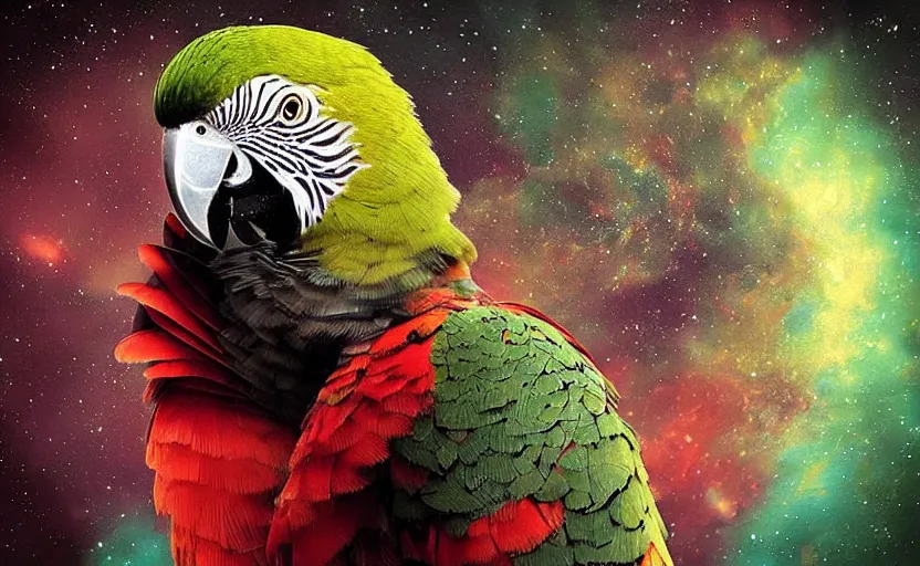 Prompt: “Portrait of a parrot” wearing a beautiful Costume , on a dark nebula background” digital Art, concept Art, highly detailed, 3-D 4K, trending on art station, Award winning, Mark Brooks,