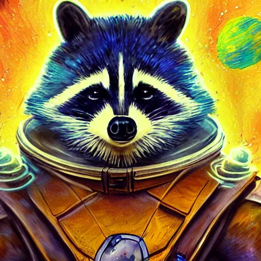 Image similar to a mutant racoon space captain, hdr, artistic, brushstrokes, impressionist, elegant, d&d, fantasy