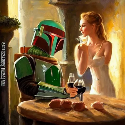 Prompt: Boba Fett and a beautiful young blonde drinking beer in a wine cellar, food, meat, schnapps, torches on the wall, romantic, love, inviting, cozy, painting!! by Vladimir Volegov!!!