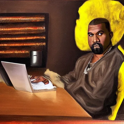 Image similar to kanye west in a bumblebee costume drinks coffee in front of a laptop, highly detailed, masterpiece, renaissance, oil on canvas