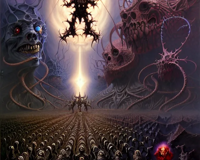 Image similar to the army of darkness and the incarnate of evil, fantasy character portrait made of fractals facing each other, ultra realistic, wide angle, intricate details, the fifth element artifacts, highly detailed by peter mohrbacher, hajime sorayama, wayne barlowe, boris vallejo, aaron horkey, gaston bussiere, craig mullins