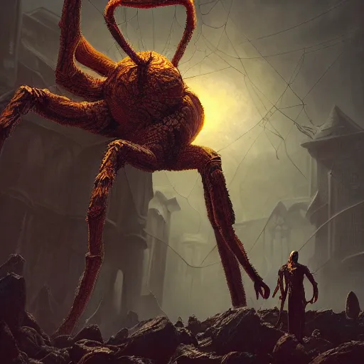 Prompt: arachnid god of the netherworld in the style of michael whelan and h. p. lovecraft. hyperdetailed photorealism by greg rutkowski. 1 0 8 megapixels, 3 d finalrender, cinematic lighting.