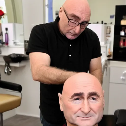 Image similar to phil collins at the hairdresser