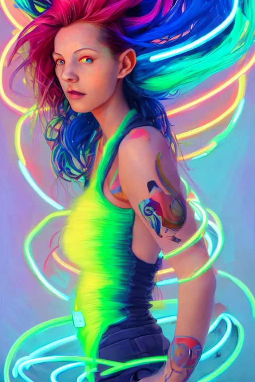 Image similar to a award winning half body portrait of a beautiful woman with stunning eyes in a croptop and cargo pants with rainbow colored hair, outlined by whirling illuminated neon lines and fine lines swirling in circles by jesper ejsing, rhads, makoto, shinkai, lois van baarle, digital art, trending on artstation