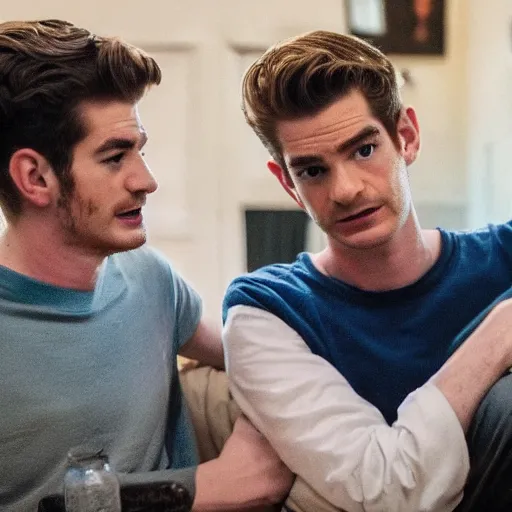 Prompt: film still of Andrew Garfield as Hughie Campbell in the Boys (2022 show) talking to Homelander