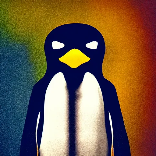 Prompt: portrait photo of linux penguin as a jedi, blue and yellow lighting, dark, cinematic, high quality, 4 k