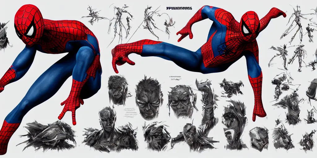 Image similar to spiderman, character sheet, concept design, contrast, kim jung gi, greg rutkowski, zabrocki, karlkka, jayison devadas, trending on artstation, 8 k, ultra wide angle, pincushion lens effect