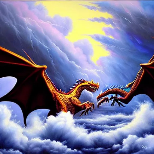 Prompt: a vast oil painting of two storm dragons dueling above the snowy peaks, hyper realistic, vivid, highly detailed, many colors