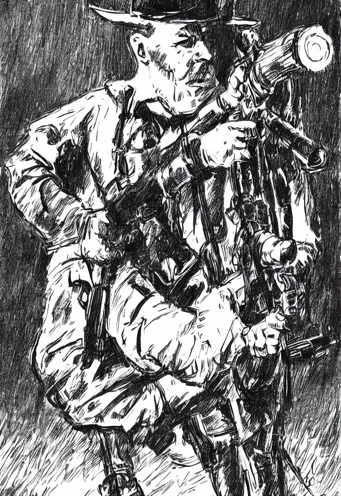 Image similar to 1 9 0 0 s soldier holding a rifle. 5 0 s comic book. warm moody evening light dramatic light. comic book illustration