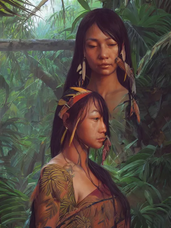 Prompt: an ultradetailed beautiful portrait painting of an female tribe native standing in a tropical jungle, side view, oil painting, high resolution, by ilya kuvshinov, greg rutkowski and makoto shinkai