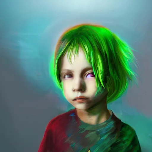 Image similar to glitchy child with green hair, lost soul, reflection, pov, ultra hd, artstation, high detail, digital art, oil on canvas