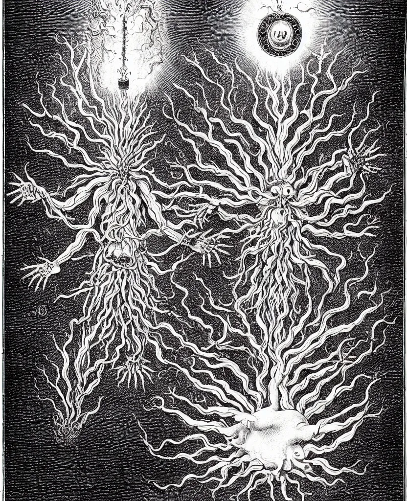 Image similar to fiery freaky creature sings a unique canto about'as above so below'being ignited by the spirit of haeckel and robert fludd, breakthrough is iminent, glory be to the magic within