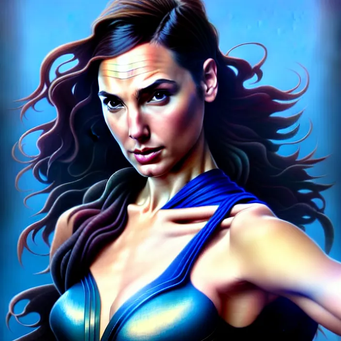 Prompt: beautiful digital painting of a goddess stylish female gal gadot with high detail, real life skin, blue colors, 8 k, stunning detail, works by artgerm, greg rutkowski and alphonse mucha, unreal engine 5, 4 k uhd