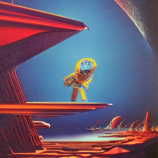 Prompt: elmo in the style of a 7 0 s science fiction novel cover, highly detailed, bruce pennington, peter jones