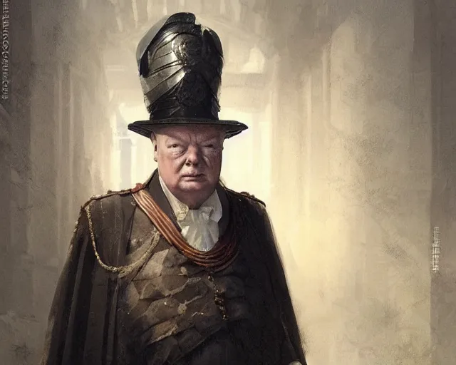 Image similar to a portrait of wiston churchill in the style of a ancient roman empire senator wearing a toga, art by greg rutkowski and artgerma, stunning! concept art, character design