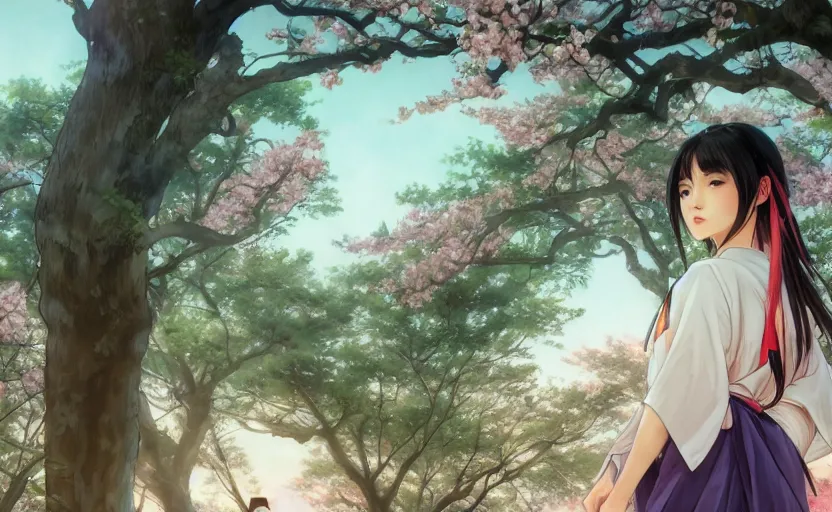 Image similar to side portrait of a girl walking, sakura tree in background, yukata clothing, battlefield in background, anime style, hair down, symmetrical facial features, from arknights, hyper realistic, 4 k, extreme detail, detailed drawing, trending artstation, realistic lighting, by alphonse mucha, greg rutkowski, sharp focus, backlit