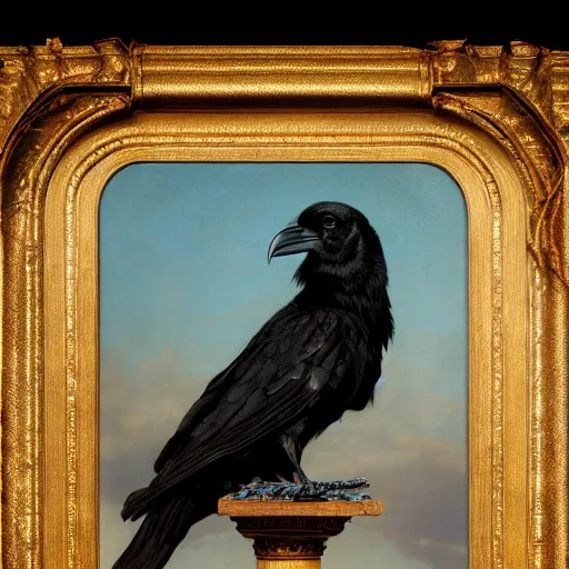 Prompt: a beautifully photoreal clear detailed victorian portrait of a close up raven on a victorian sill with an ornate velvet teal curtain at beautiful sunset daytime nature sunlit painting by frederic leighton and turner and rosetti, 8 k, octane render