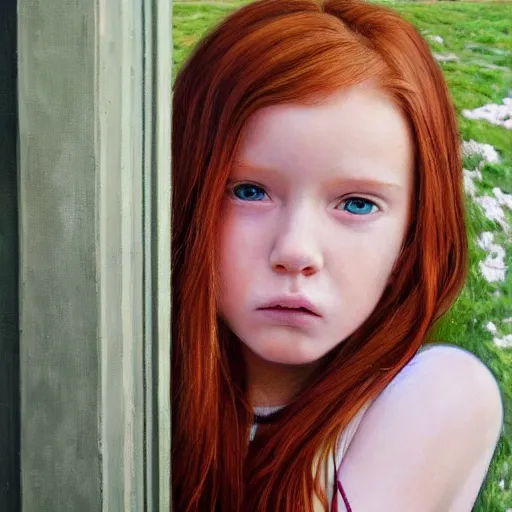Prompt: a ultra - detailed realistic portrait of a young red haired girl with green eyes standing in front of her suburban house, hyper realism, highly detailed, art, 8 k