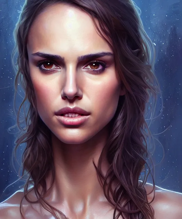 Image similar to half Nathalie portman half jessica alba portrait, sci-fi, amber eyes, beautiful face, appealing long hair, fantasy, intricate, elegant, highly detailed, digital painting, artstation, concept art, smooth, sharp focus, illustration, art by artgerm and greg rutkowski and alphonse mucha