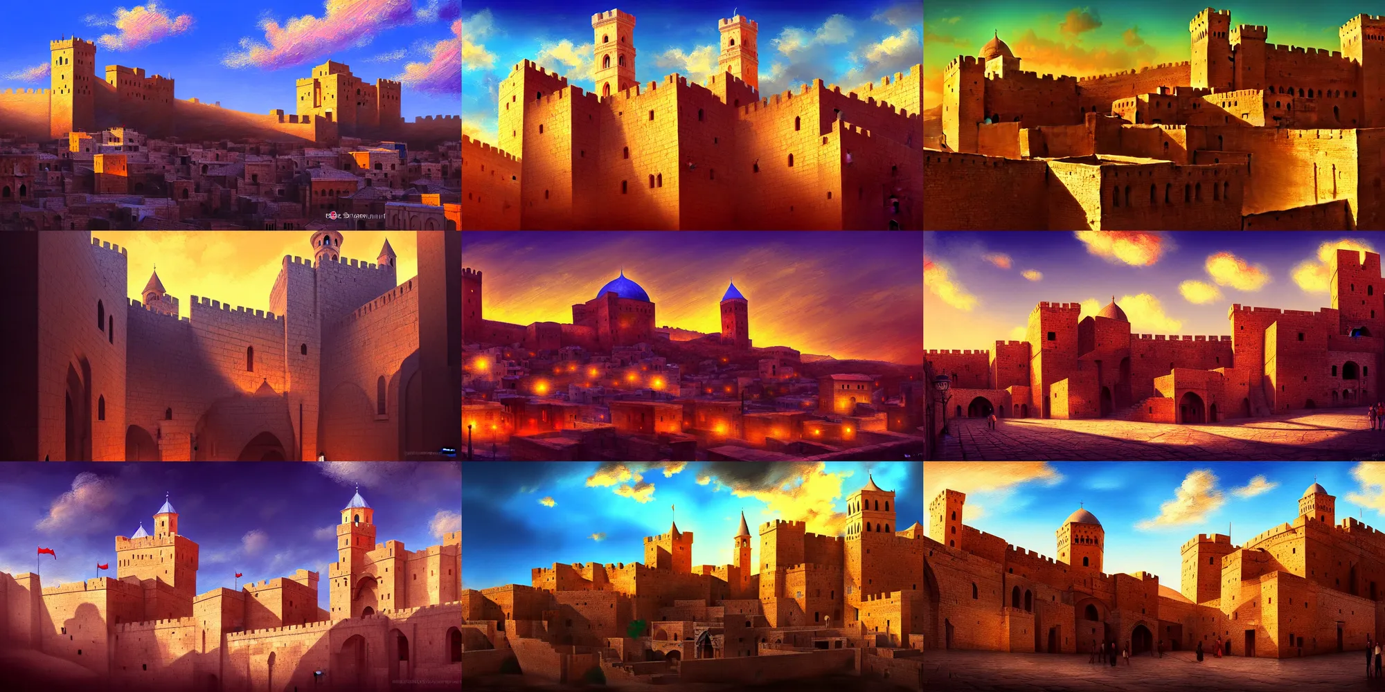 Image similar to mardin old town castle, digital oil painting, colorful, high contrast, clear sky, volumetric lighting, atmospheric, ghibli, deviantart, cgsociety, artstation, fujifilm