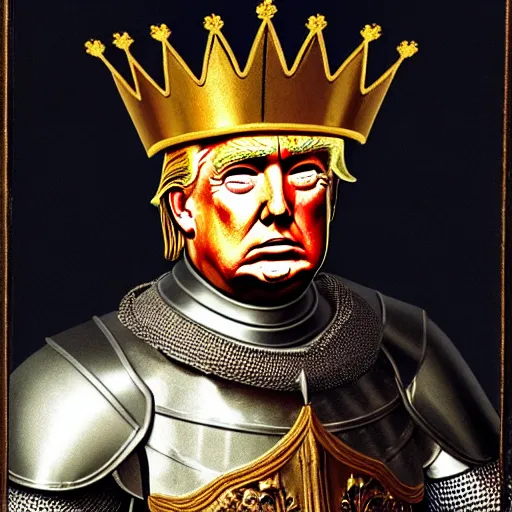 Image similar to full - body - front - shot, donald trump wearing knight'armor, crown, renaissance painting of a knight, detailed face