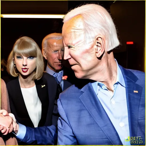 Prompt: taylor swift shaking hands with joe biden, 8 k uhd, cover of vouge magazine, perfect faces