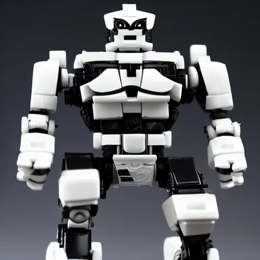 Image similar to black - and - white smiling gigachad meme as a bionicle figure